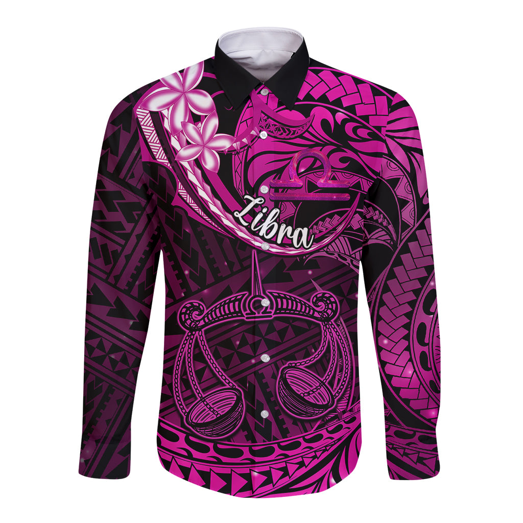 Polynesian Pride Libra Zodiac Long Sleeve Button Shirt Astrological Sign Tribal Plumeria Pink Galaxy - Wonder Print Shop