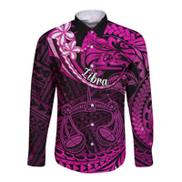 Polynesian Pride Libra Zodiac Long Sleeve Button Shirt Astrological Sign Tribal Plumeria Pink Galaxy - Wonder Print Shop
