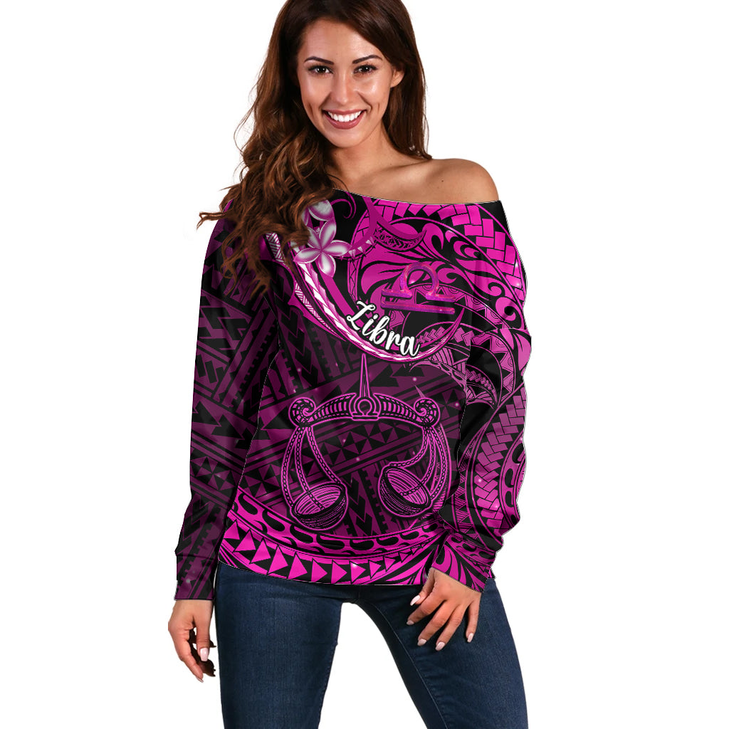 Polynesian Pride Libra Zodiac Off Shoulder Sweater Astrological Sign Tribal Plumeria Pink Galaxy - Wonder Print Shop