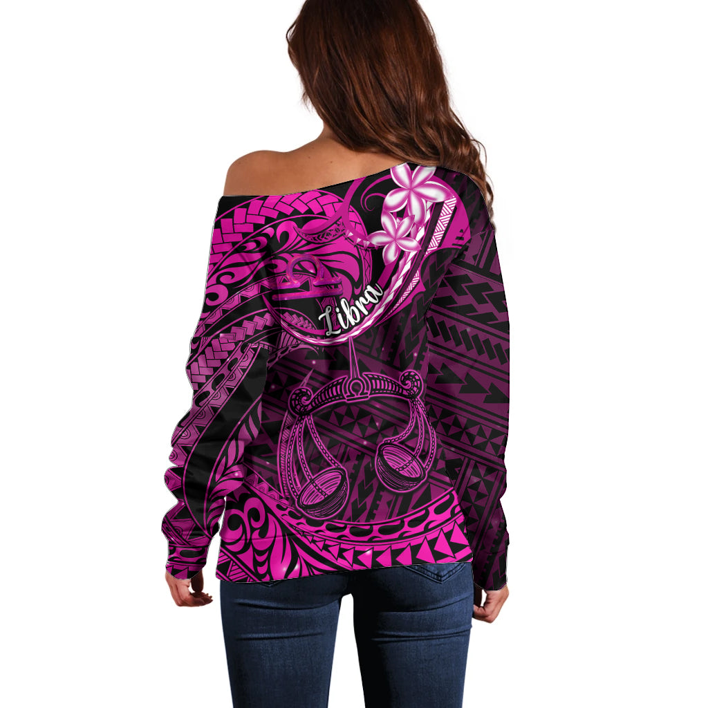 Polynesian Pride Libra Zodiac Off Shoulder Sweater Astrological Sign Tribal Plumeria Pink Galaxy - Wonder Print Shop
