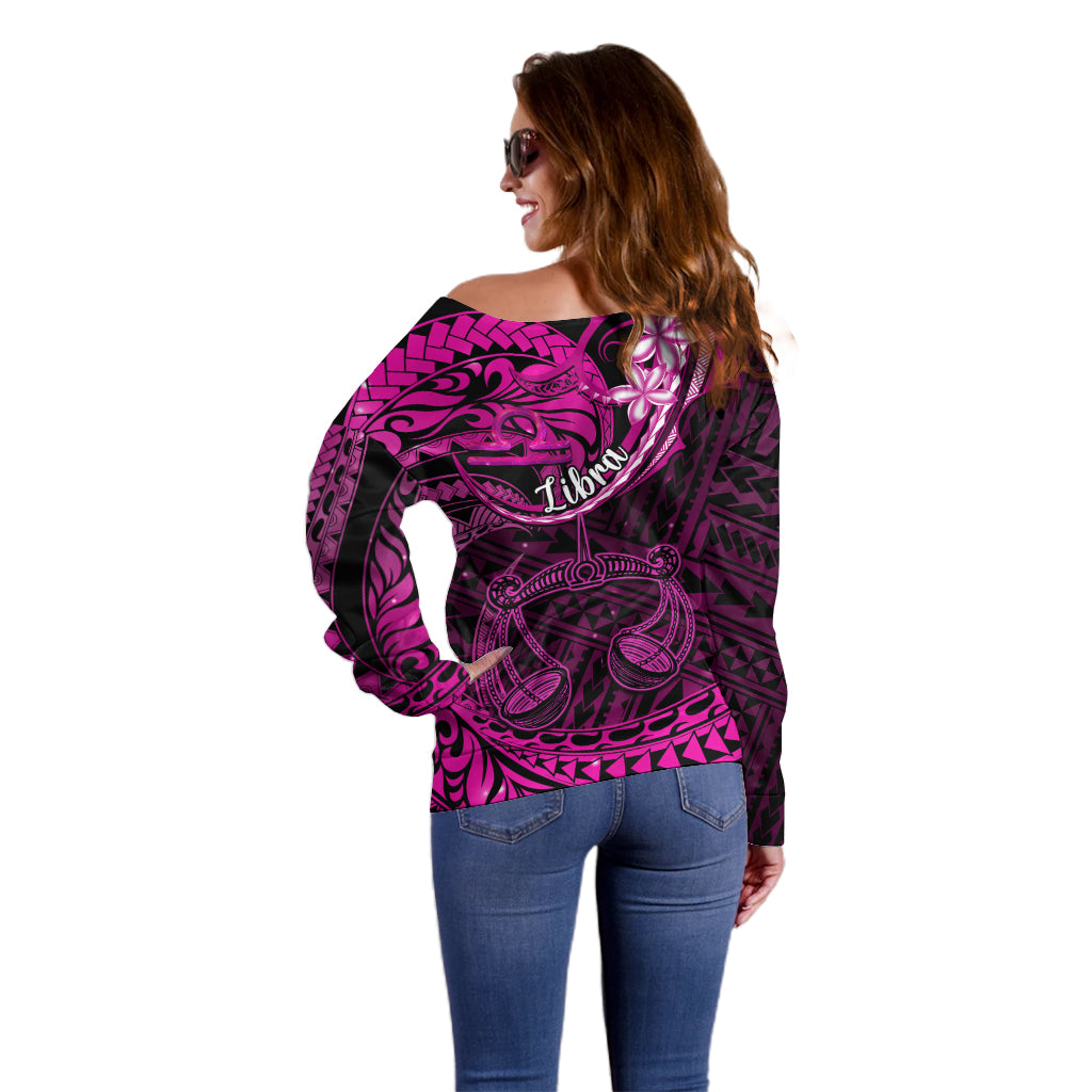 Polynesian Pride Libra Zodiac Off Shoulder Sweater Astrological Sign Tribal Plumeria Pink Galaxy - Wonder Print Shop