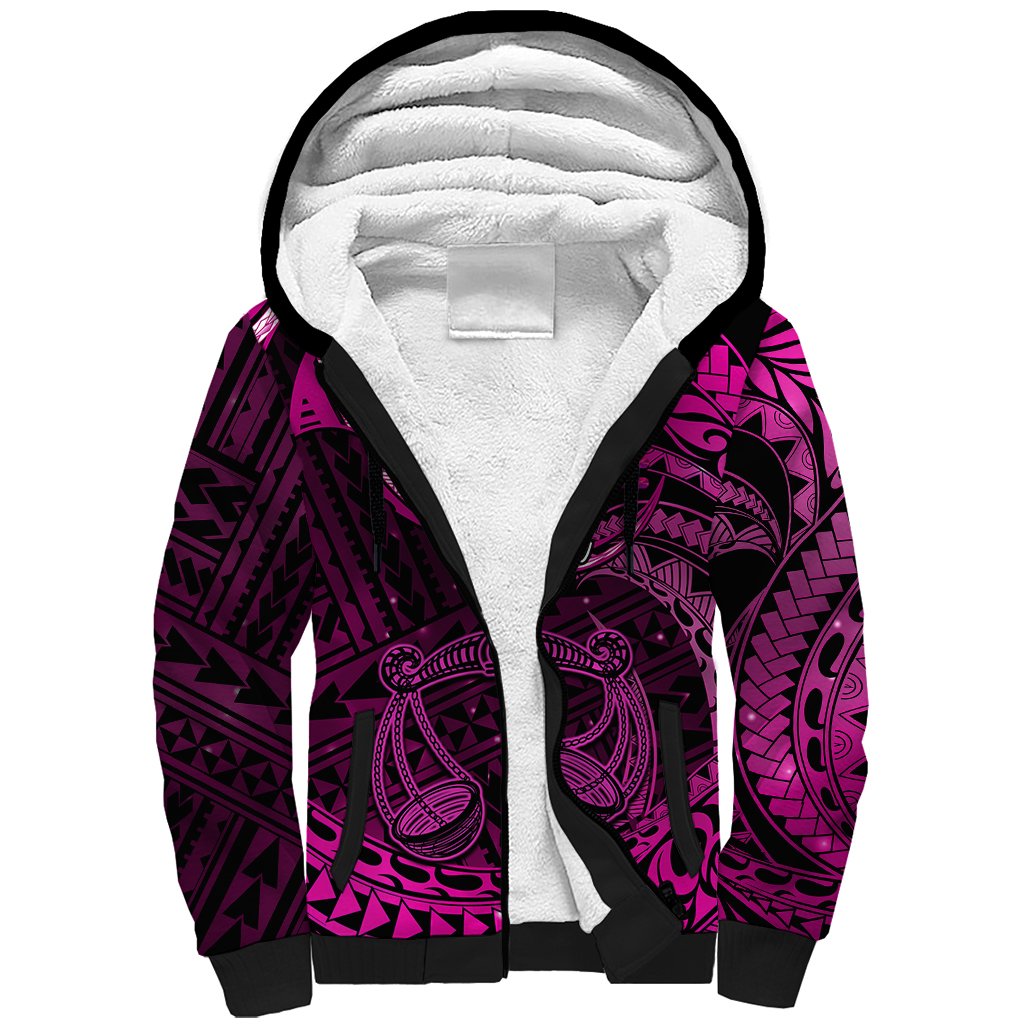 Polynesian Pride Libra Zodiac Sherpa Hoodie Astrological Sign Tribal Plumeria Pink Galaxy - Wonder Print Shop