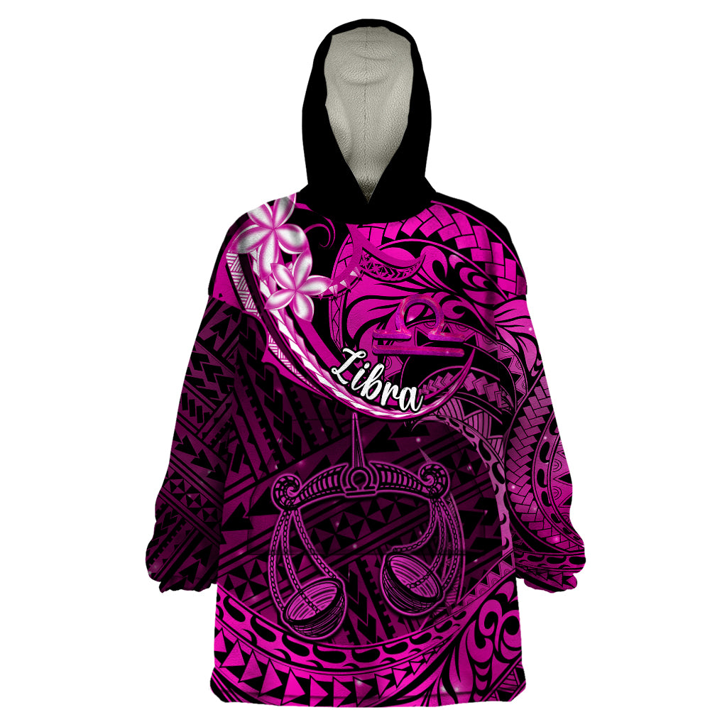 Polynesian Pride Libra Zodiac Wearable Blanket Hoodie Astrological Sign Tribal Plumeria Pink Galaxy - Wonder Print Shop
