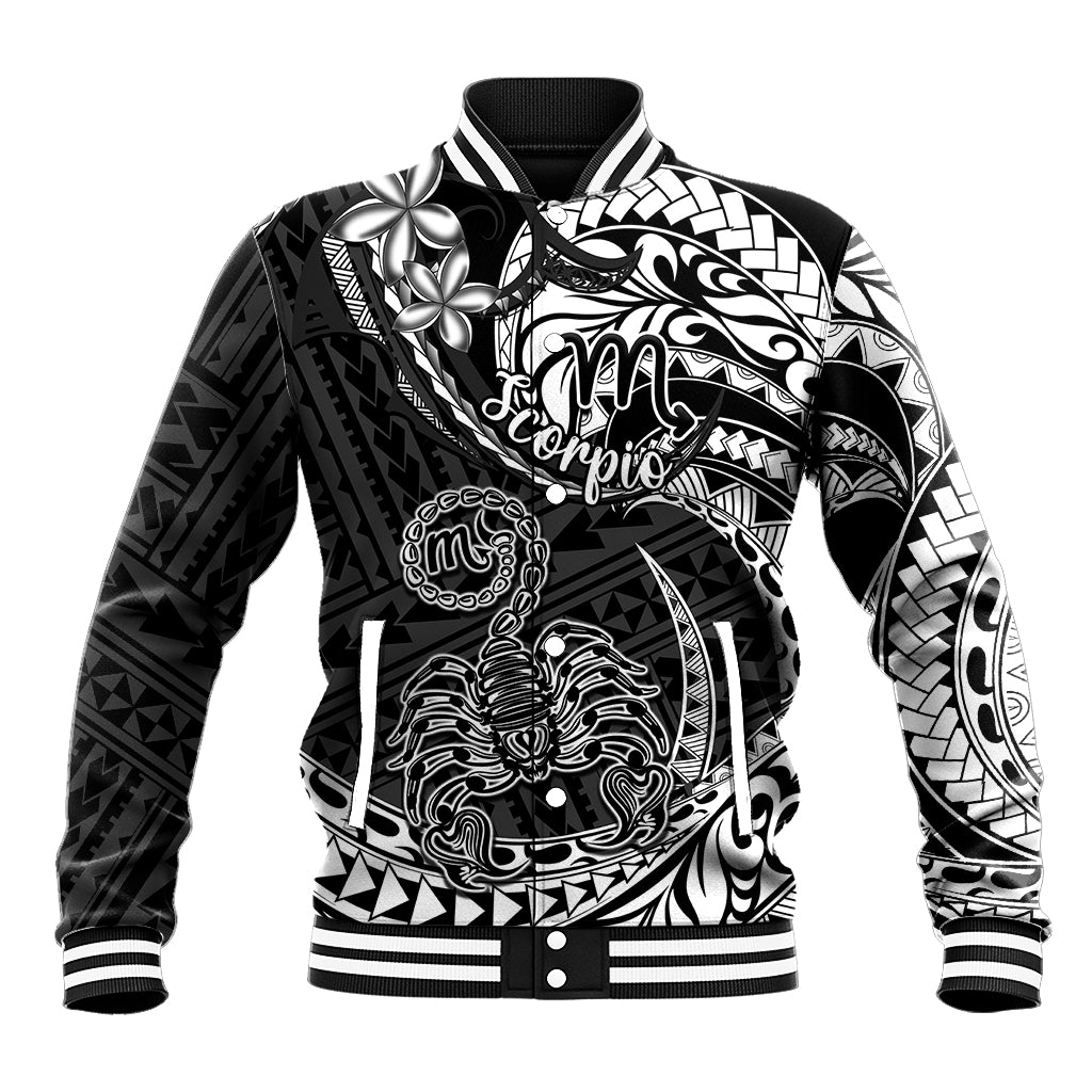 Polynesian Pride Scorpio Zodiac Baseball Jacket Astrological Sign Tribal Plumeria Black - Wonder Print Shop