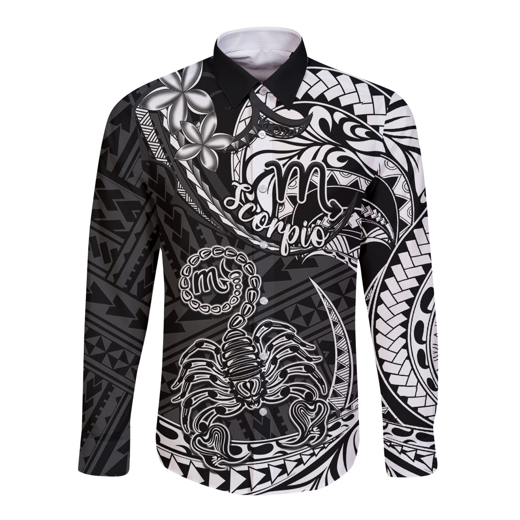 Polynesian Pride Scorpio Zodiac Long Sleeve Button Shirt Astrological Sign Tribal Plumeria Black - Wonder Print Shop