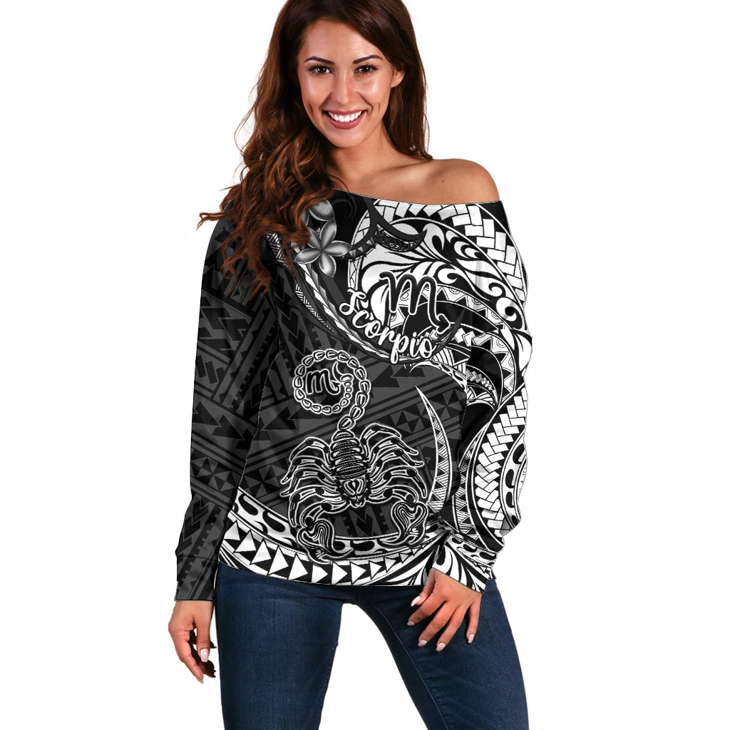 Polynesian Pride Scorpio Zodiac Off Shoulder Sweater Astrological Sign Tribal Plumeria Black - Wonder Print Shop
