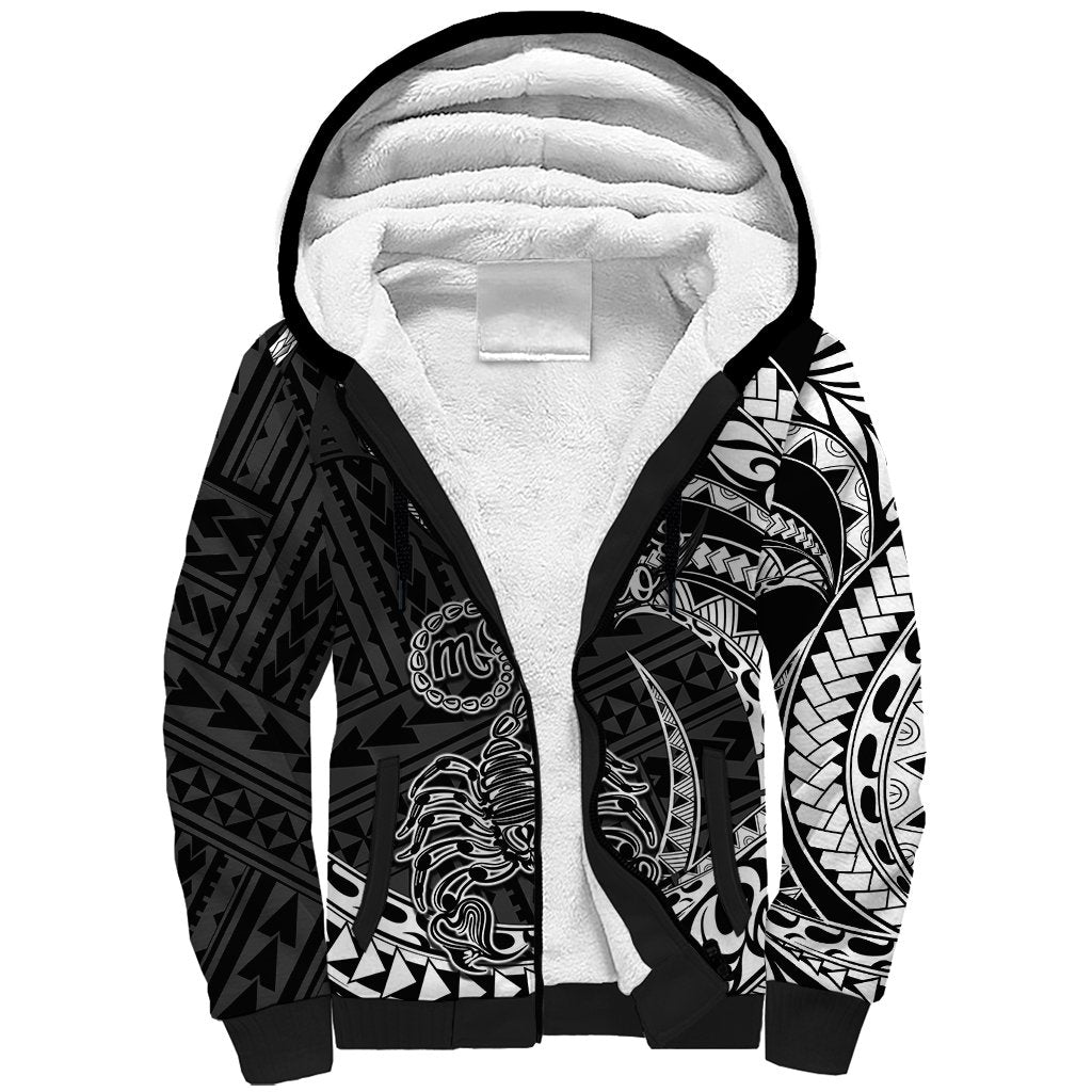 Polynesian Pride Scorpio Zodiac Sherpa Hoodie Astrological Sign Tribal Plumeria Black - Wonder Print Shop