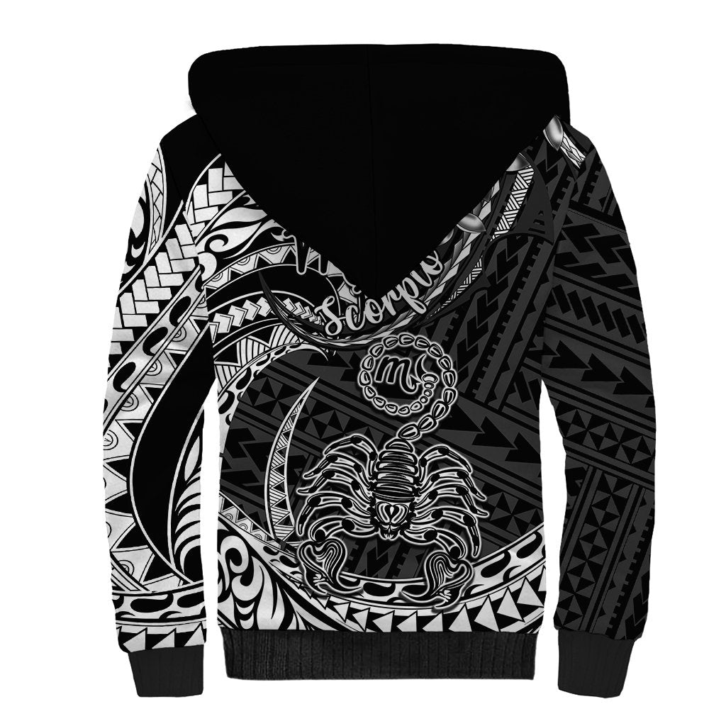 Polynesian Pride Scorpio Zodiac Sherpa Hoodie Astrological Sign Tribal Plumeria Black - Wonder Print Shop