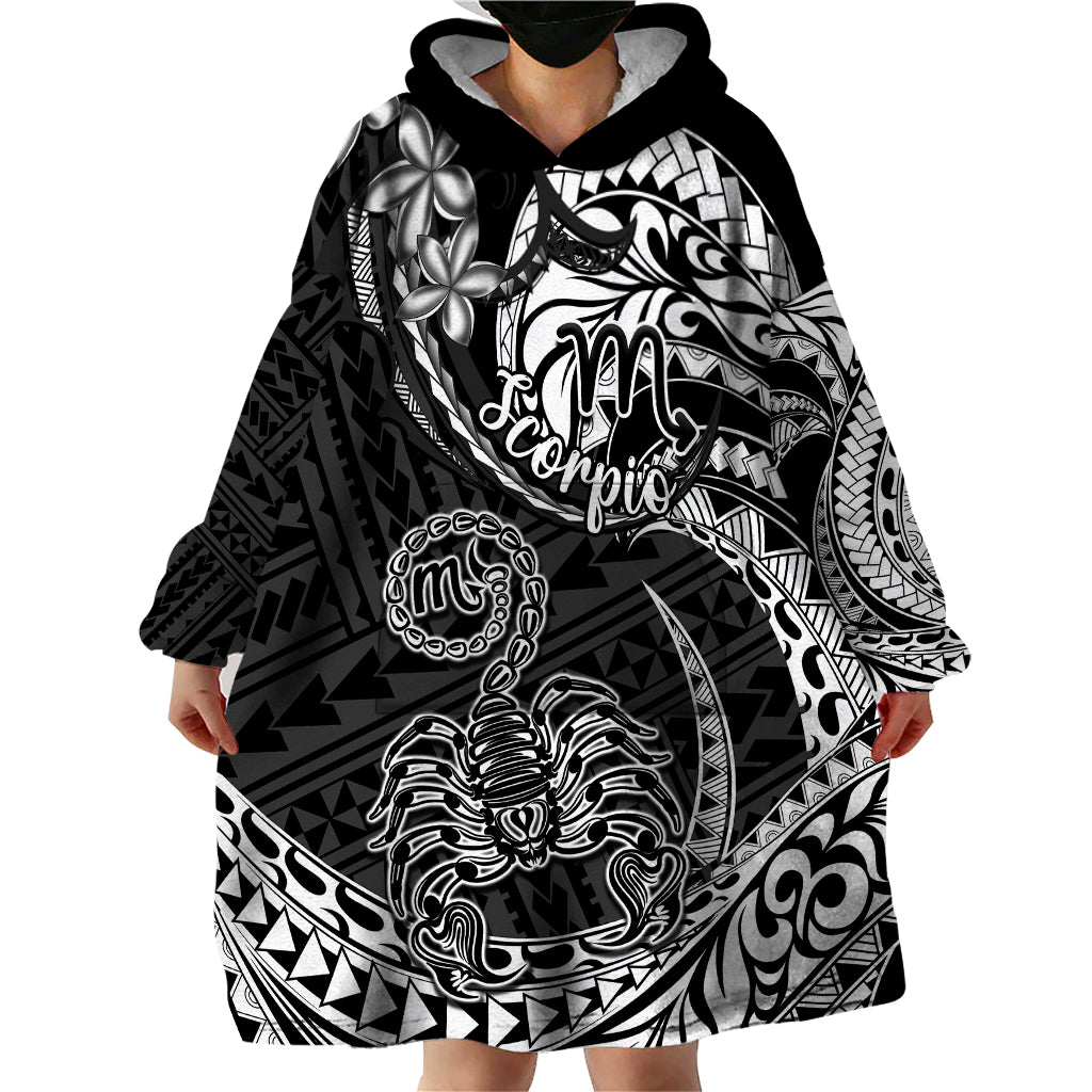 Polynesian Pride Scorpio Zodiac Wearable Blanket Hoodie Astrological Sign Tribal Plumeria Black - Wonder Print Shop