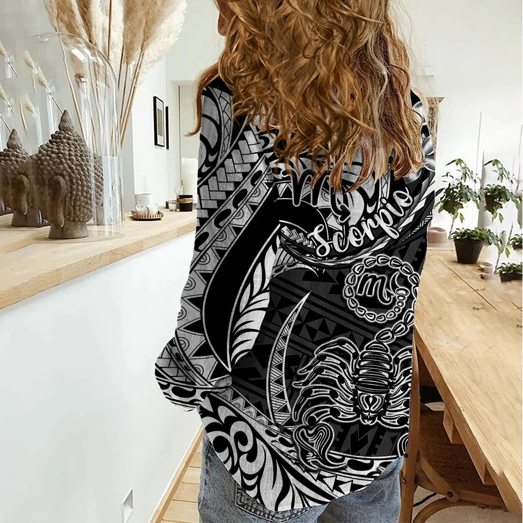 Polynesian Pride Scorpio Zodiac Women Casual Shirt Astrological Sign Tribal Plumeria Black - Wonder Print Shop