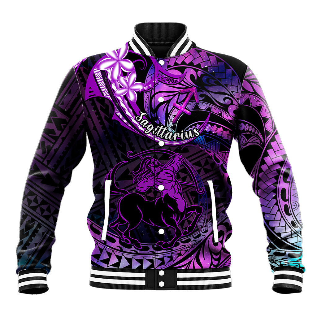 Polynesian Pride Sagittarius Zodiac Baseball Jacket Astrological Sign Tribal Plumeria Purple Galaxy - Wonder Print Shop