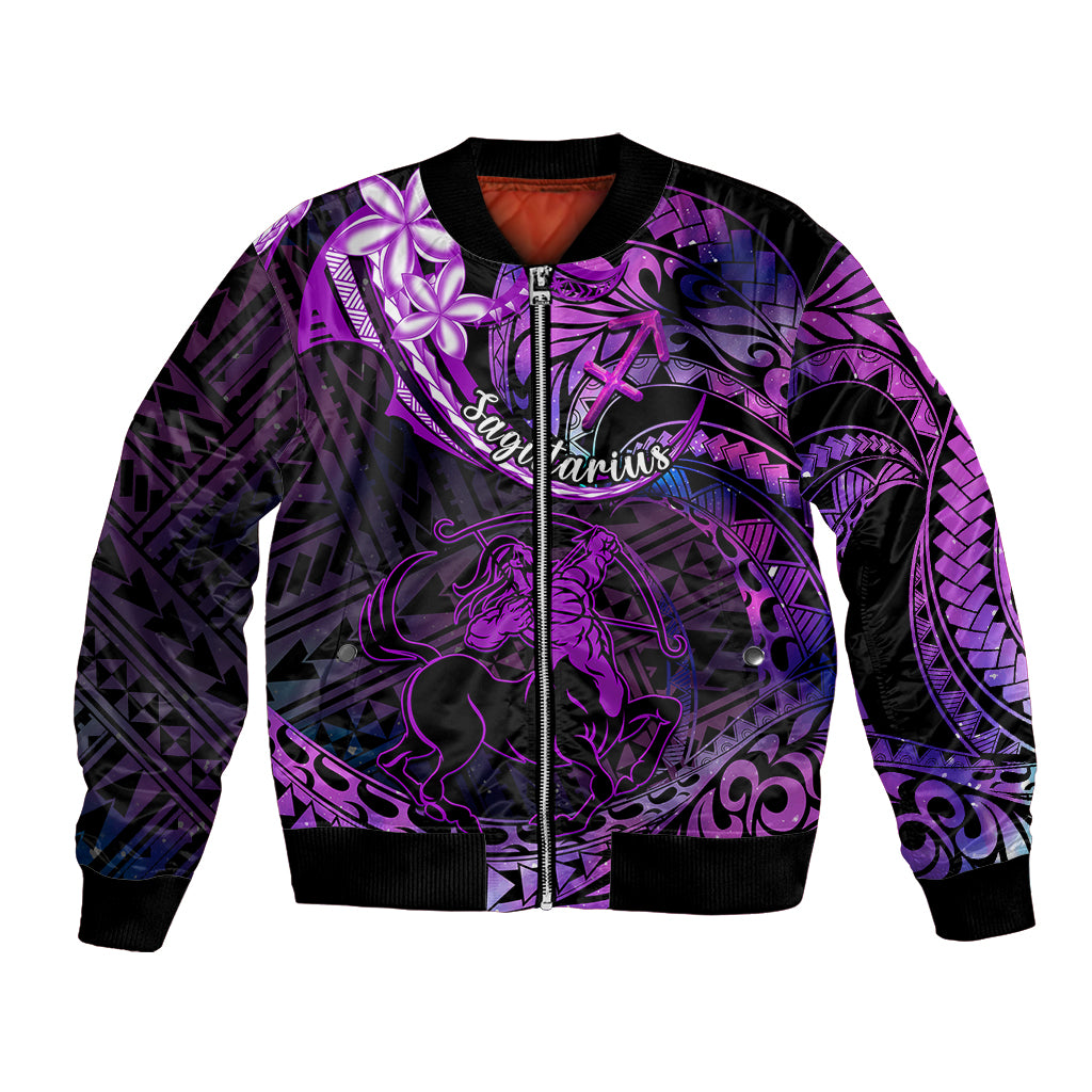 Polynesian Pride Sagittarius Zodiac Bomber Jacket Astrological Sign Tribal Plumeria Purple Galaxy - Wonder Print Shop