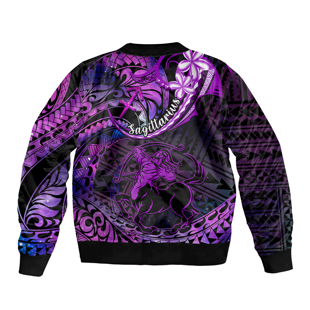 Polynesian Pride Sagittarius Zodiac Bomber Jacket Astrological Sign Tribal Plumeria Purple Galaxy - Wonder Print Shop