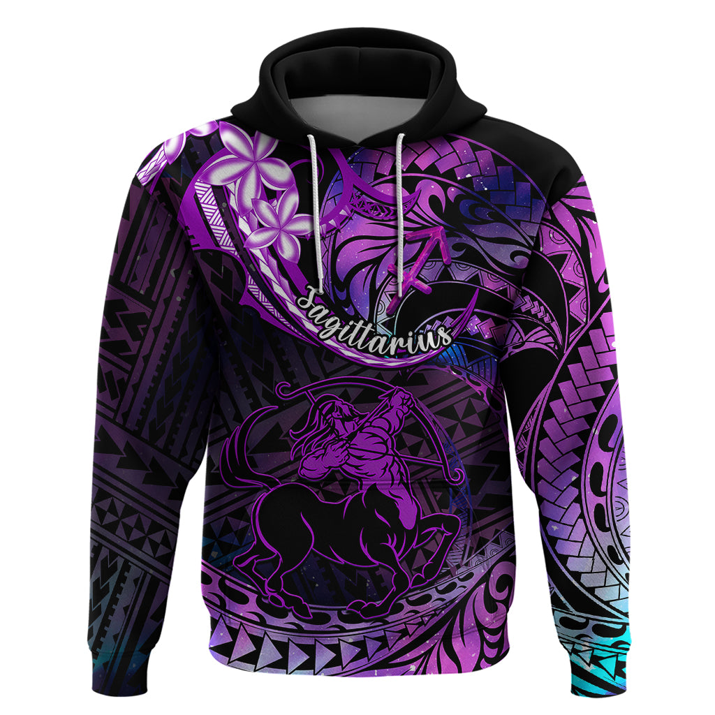 Polynesian Pride Sagittarius Zodiac Hoodie Astrological Sign Tribal Plumeria Purple Galaxy - Wonder Print Shop