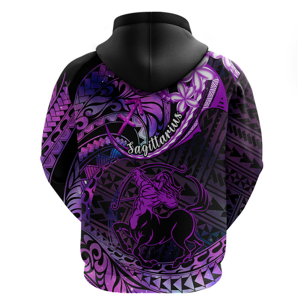 Polynesian Pride Sagittarius Zodiac Hoodie Astrological Sign Tribal Plumeria Purple Galaxy - Wonder Print Shop