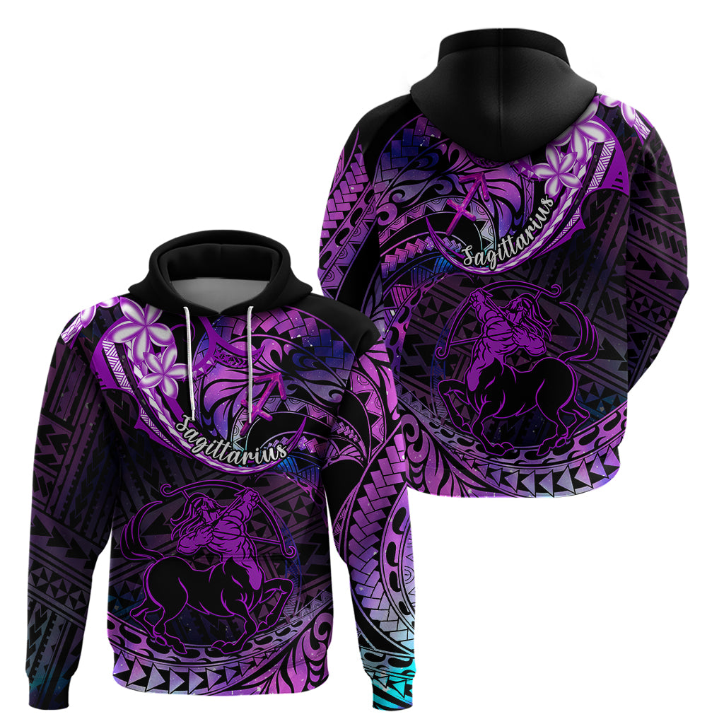 Polynesian Pride Sagittarius Zodiac Hoodie Astrological Sign Tribal Plumeria Purple Galaxy - Wonder Print Shop