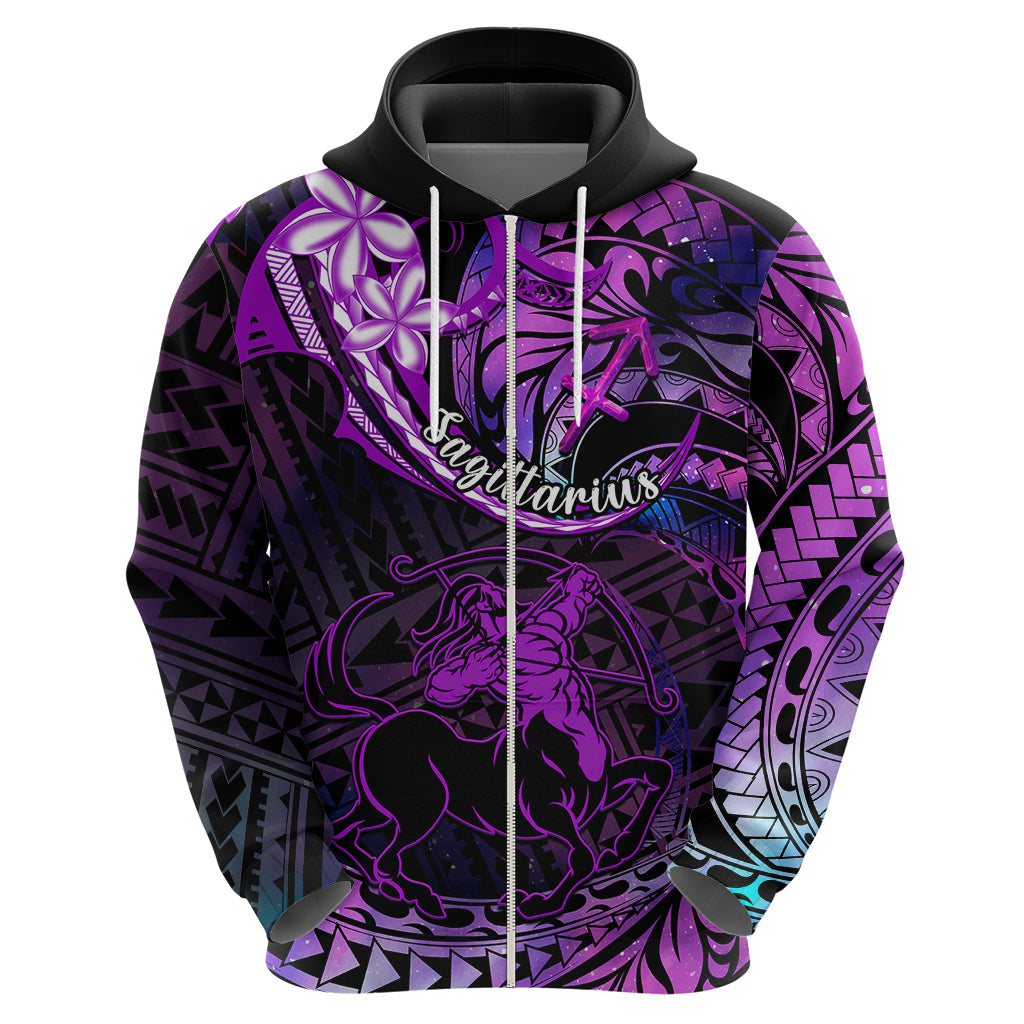 Polynesian Pride Sagittarius Zodiac Hoodie Astrological Sign Tribal Plumeria Purple Galaxy - Wonder Print Shop