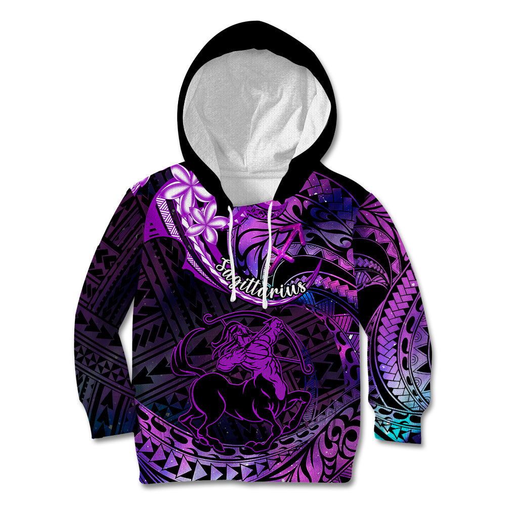 Polynesian Pride Sagittarius Zodiac Kid Hoodie Astrological Sign Tribal Plumeria Purple Galaxy - Wonder Print Shop