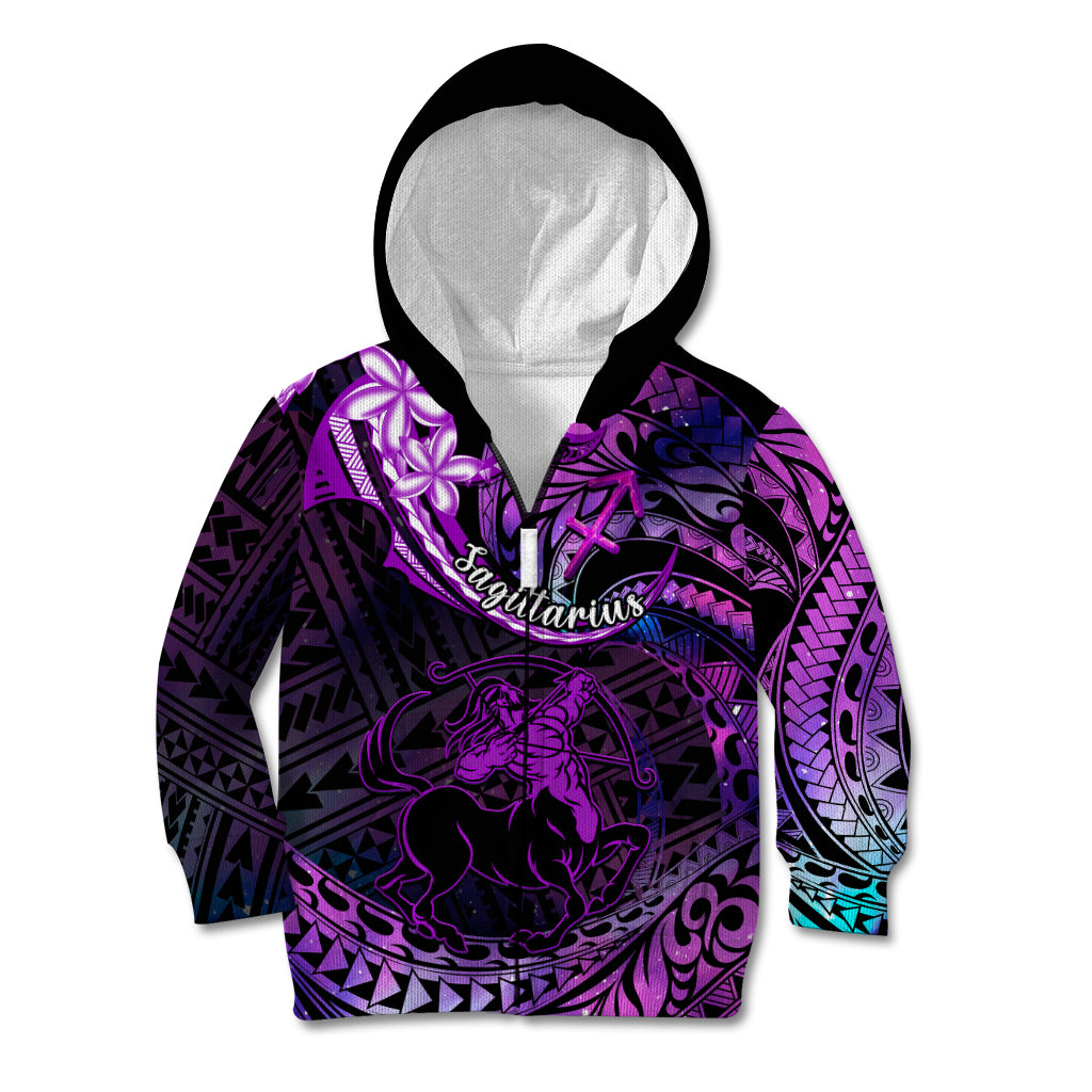 Polynesian Pride Sagittarius Zodiac Kid Hoodie Astrological Sign Tribal Plumeria Purple Galaxy - Wonder Print Shop
