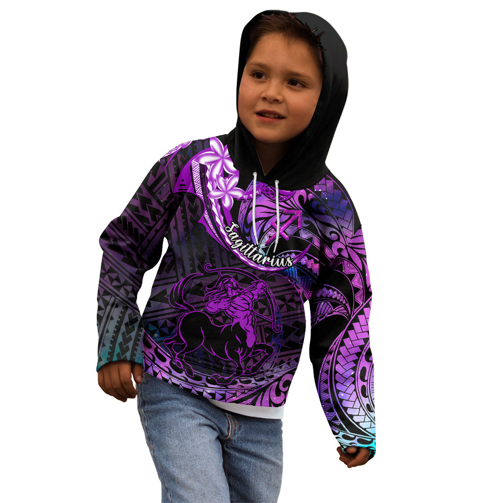 Polynesian Pride Sagittarius Zodiac Kid Hoodie Astrological Sign Tribal Plumeria Purple Galaxy - Wonder Print Shop