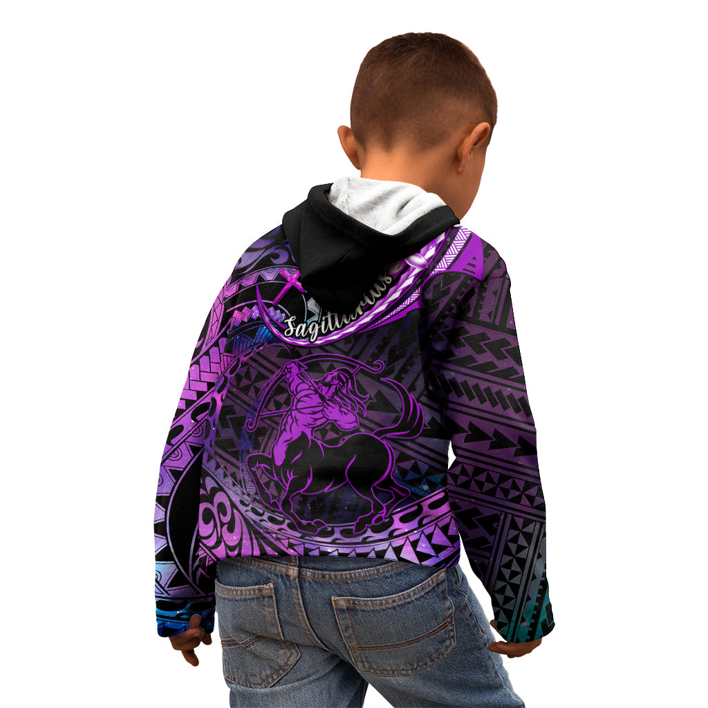 Polynesian Pride Sagittarius Zodiac Kid Hoodie Astrological Sign Tribal Plumeria Purple Galaxy - Wonder Print Shop