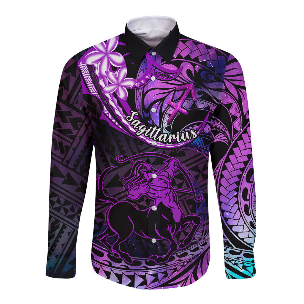 Polynesian Pride Sagittarius Zodiac Long Sleeve Button Shirt Astrological Sign Tribal Plumeria Purple Galaxy - Wonder Print Shop
