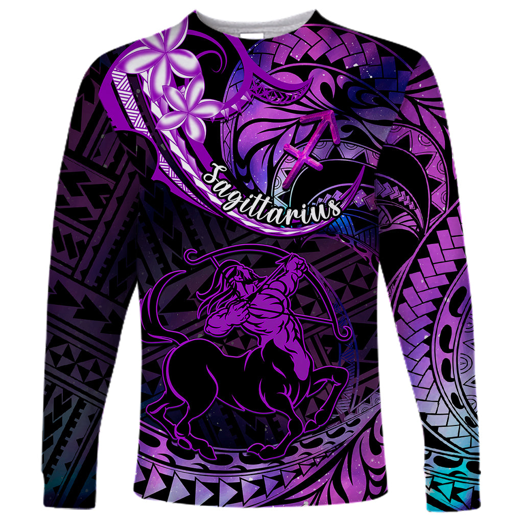 Polynesian Pride Sagittarius Zodiac Long Sleeve Shirt Astrological Sign Tribal Plumeria Purple Galaxy - Wonder Print Shop