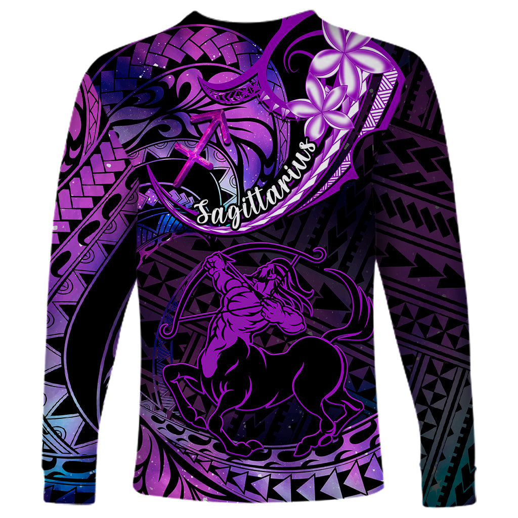 Polynesian Pride Sagittarius Zodiac Long Sleeve Shirt Astrological Sign Tribal Plumeria Purple Galaxy - Wonder Print Shop