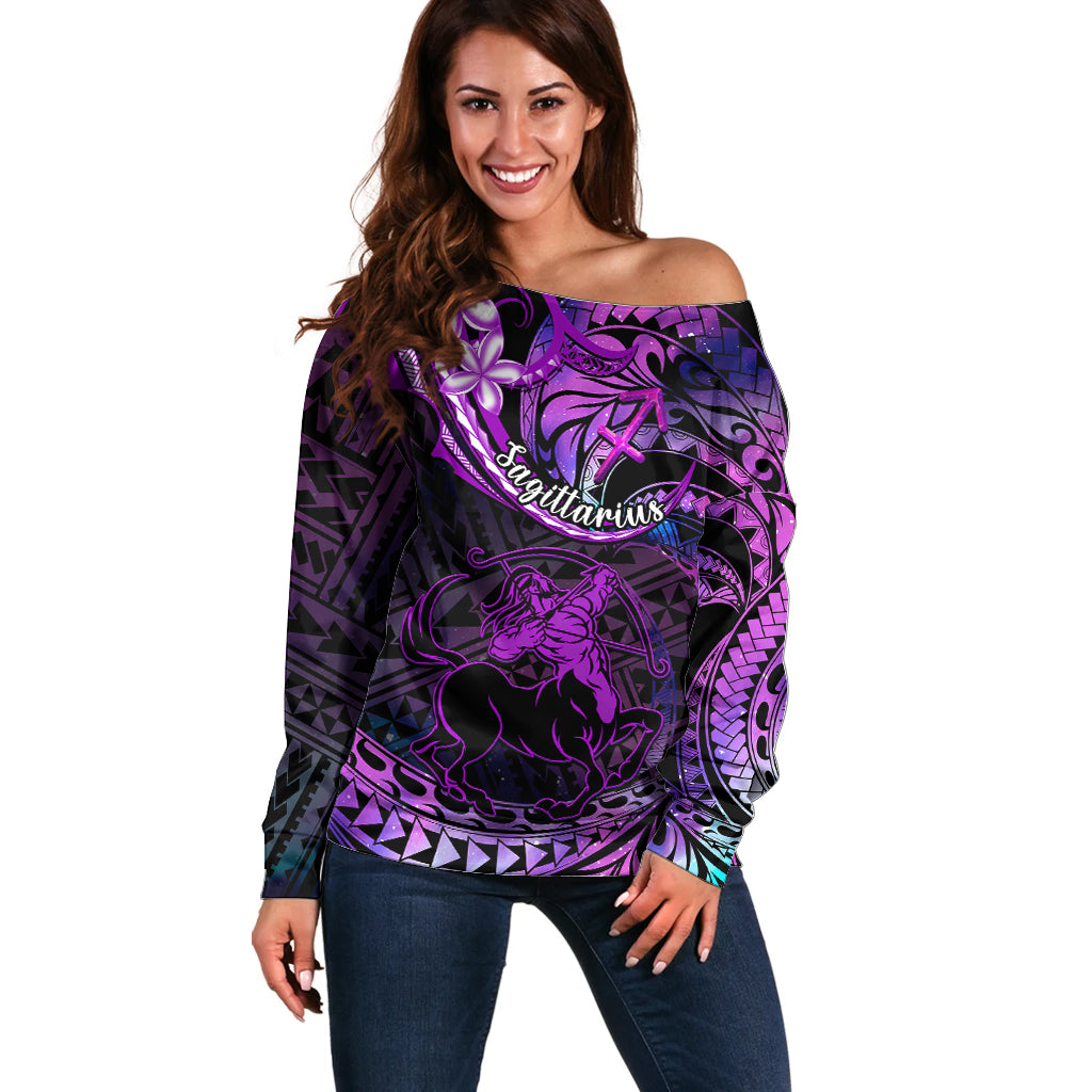 Polynesian Pride Sagittarius Zodiac Off Shoulder Sweater Astrological Sign Tribal Plumeria Purple Galaxy - Wonder Print Shop