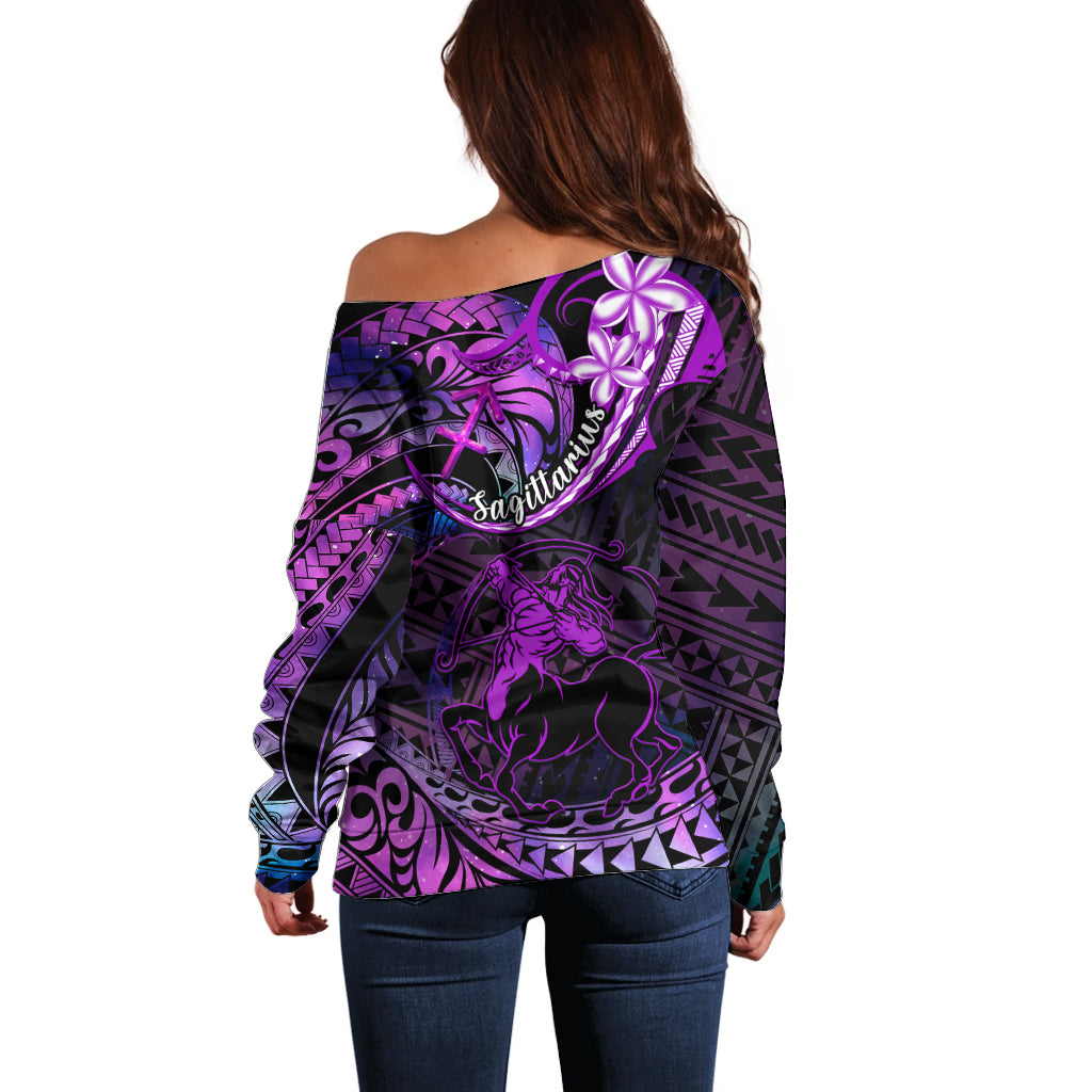 Polynesian Pride Sagittarius Zodiac Off Shoulder Sweater Astrological Sign Tribal Plumeria Purple Galaxy - Wonder Print Shop