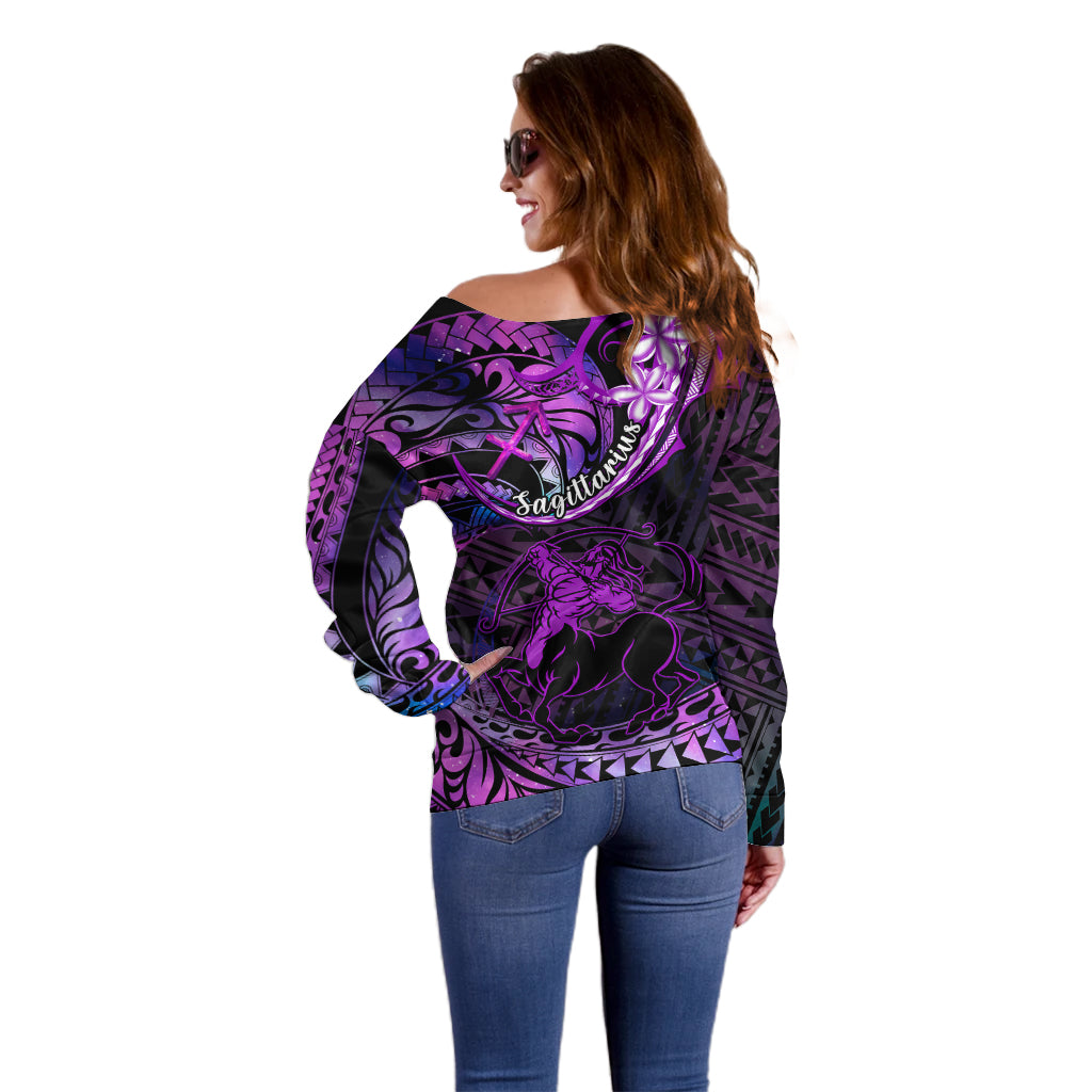 Polynesian Pride Sagittarius Zodiac Off Shoulder Sweater Astrological Sign Tribal Plumeria Purple Galaxy - Wonder Print Shop