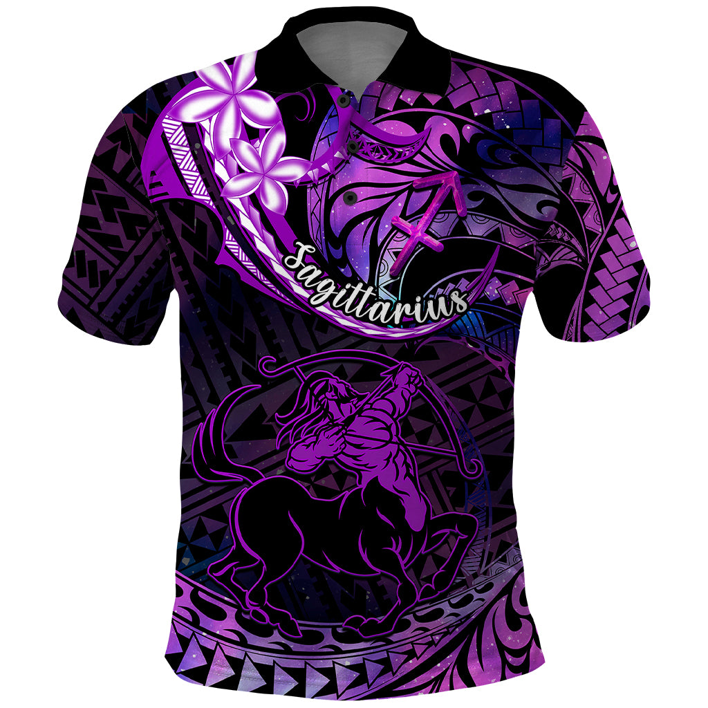 Polynesian Pride Sagittarius Zodiac Polo Shirt Astrological Sign Tribal Plumeria Purple Galaxy - Wonder Print Shop