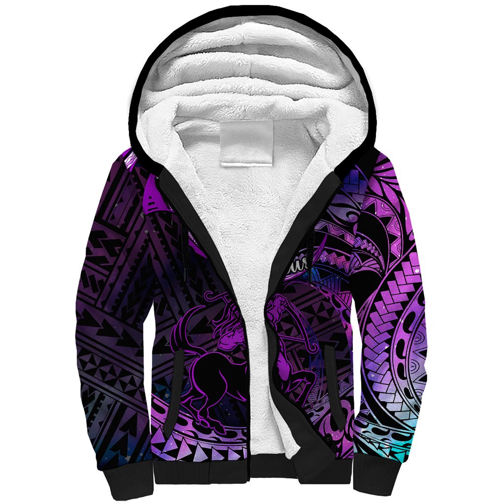Polynesian Pride Sagittarius Zodiac Sherpa Hoodie Astrological Sign Tribal Plumeria Purple Galaxy - Wonder Print Shop