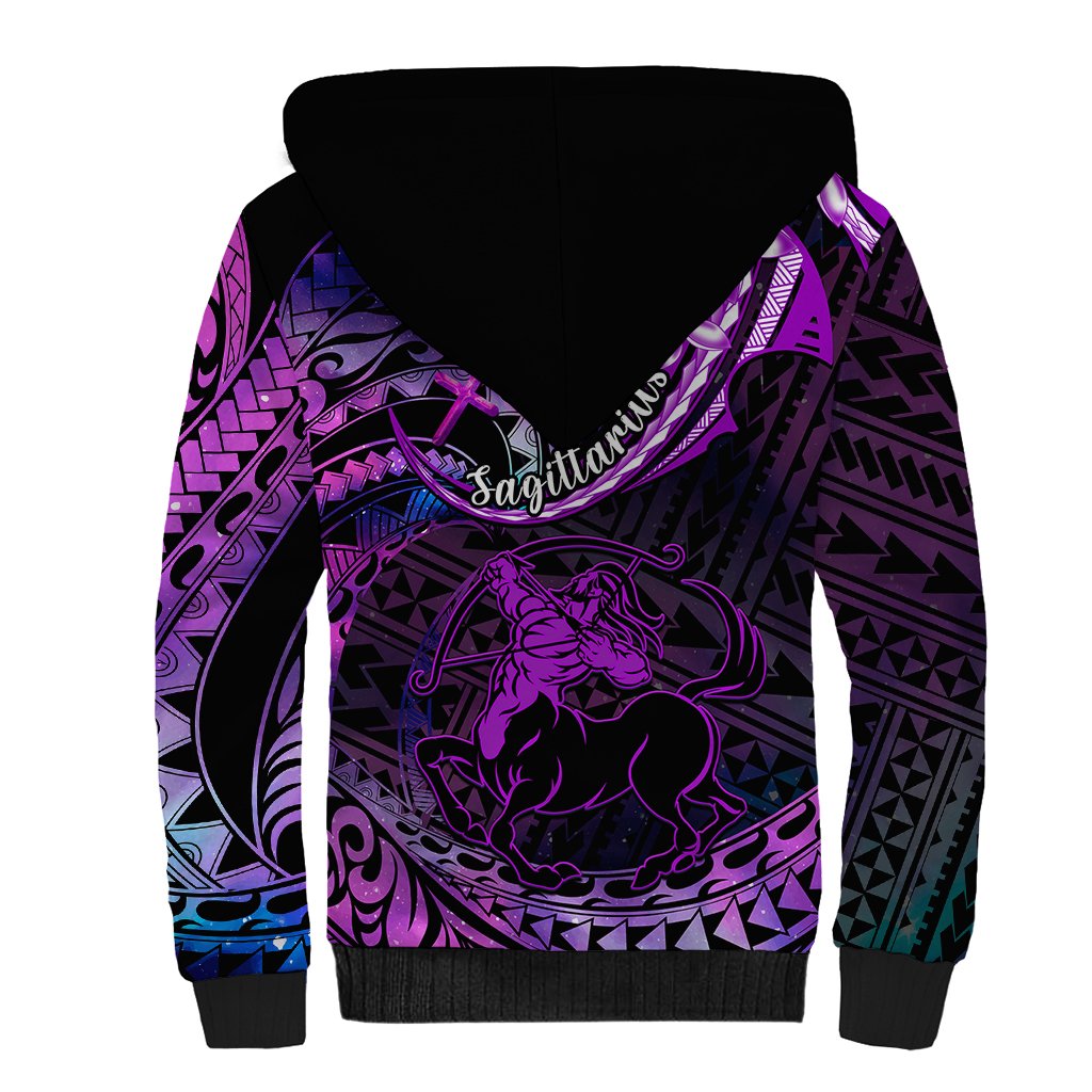 Polynesian Pride Sagittarius Zodiac Sherpa Hoodie Astrological Sign Tribal Plumeria Purple Galaxy - Wonder Print Shop