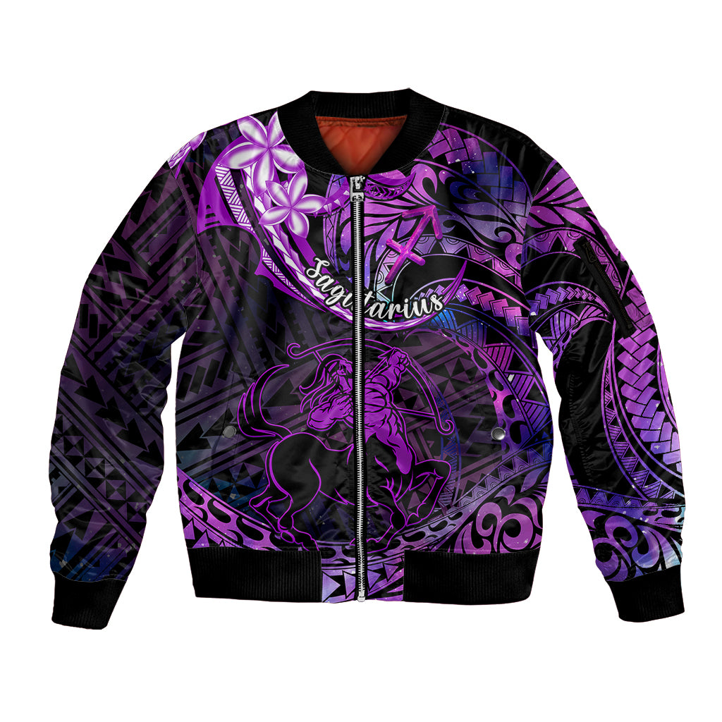 Polynesian Pride Sagittarius Zodiac Sleeve Zip Bomber Jacket Astrological Sign Tribal Plumeria Purple Galaxy - Wonder Print Shop