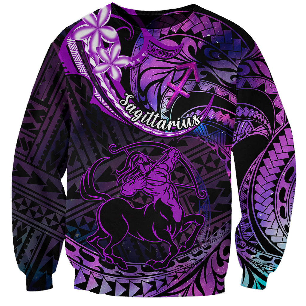 Polynesian Pride Sagittarius Zodiac Sweatshirt Astrological Sign Tribal Plumeria Purple Galaxy - Wonder Print Shop