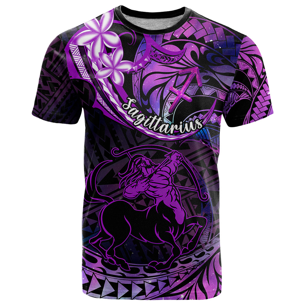 Polynesian Pride Sagittarius Zodiac T Shirt Astrological Sign Tribal Plumeria Purple Galaxy - Wonder Print Shop