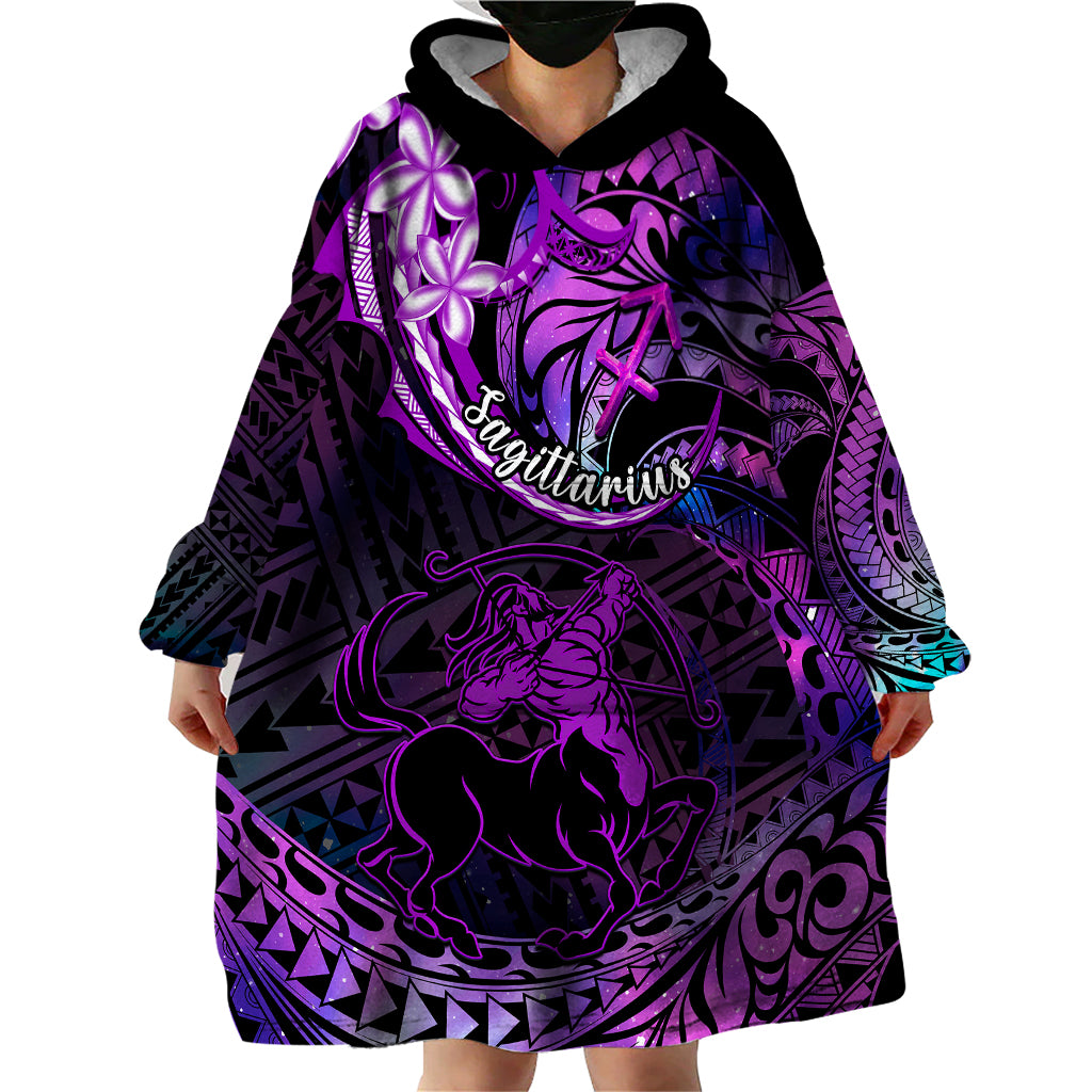 Polynesian Pride Sagittarius Zodiac Wearable Blanket Hoodie Astrological Sign Tribal Plumeria Purple Galaxy - Wonder Print Shop