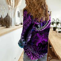 Polynesian Pride Sagittarius Zodiac Women Casual Shirt Astrological Sign Tribal Plumeria Purple Galaxy - Wonder Print Shop