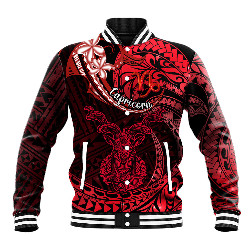 Polynesian Pride Capricorn Zodiac Baseball Jacket Astrological Sign Tribal Plumeria Red Galaxy - Wonder Print Shop