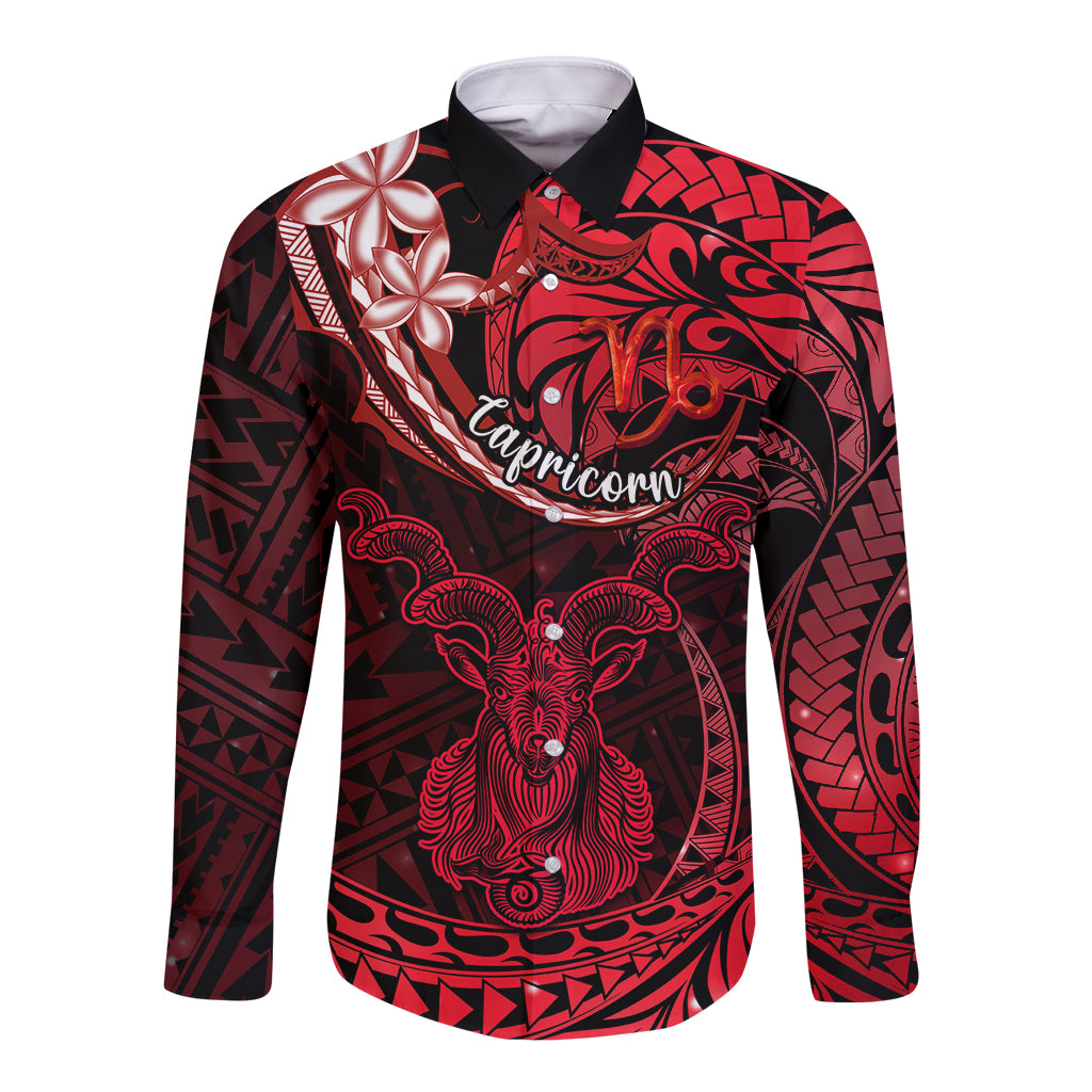 Polynesian Pride Capricorn Zodiac Long Sleeve Button Shirt Astrological Sign Tribal Plumeria Red Galaxy - Wonder Print Shop