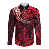 Polynesian Pride Capricorn Zodiac Long Sleeve Button Shirt Astrological Sign Tribal Plumeria Red Galaxy - Wonder Print Shop