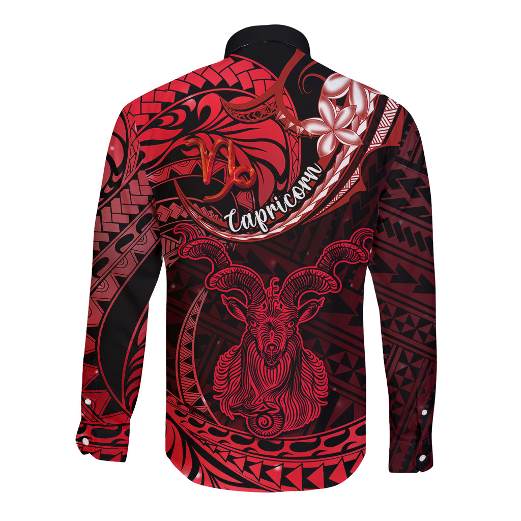 Polynesian Pride Capricorn Zodiac Long Sleeve Button Shirt Astrological Sign Tribal Plumeria Red Galaxy - Wonder Print Shop