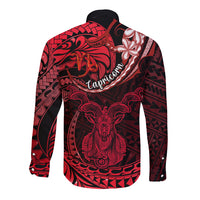 Polynesian Pride Capricorn Zodiac Long Sleeve Button Shirt Astrological Sign Tribal Plumeria Red Galaxy - Wonder Print Shop
