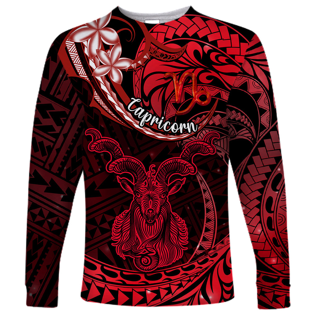 Polynesian Pride Capricorn Zodiac Long Sleeve Shirt Astrological Sign Tribal Plumeria Red Galaxy - Wonder Print Shop