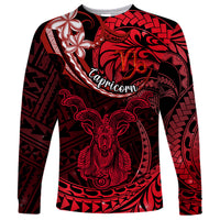 Polynesian Pride Capricorn Zodiac Long Sleeve Shirt Astrological Sign Tribal Plumeria Red Galaxy - Wonder Print Shop