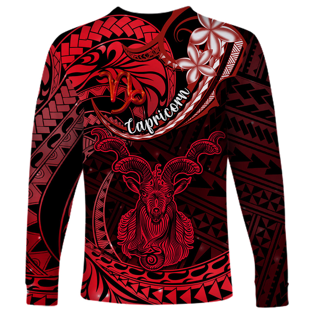 Polynesian Pride Capricorn Zodiac Long Sleeve Shirt Astrological Sign Tribal Plumeria Red Galaxy - Wonder Print Shop