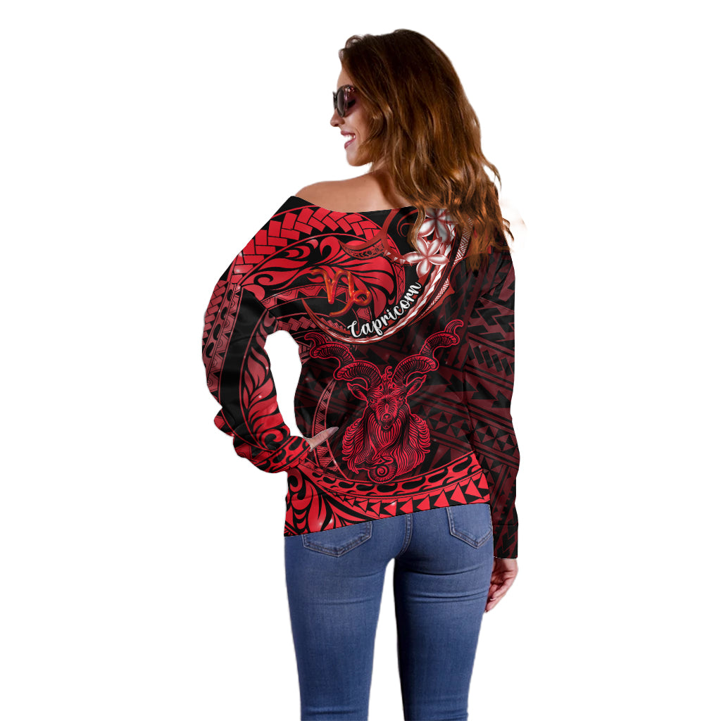 Polynesian Pride Capricorn Zodiac Off Shoulder Sweater Astrological Sign Tribal Plumeria Red Galaxy - Wonder Print Shop