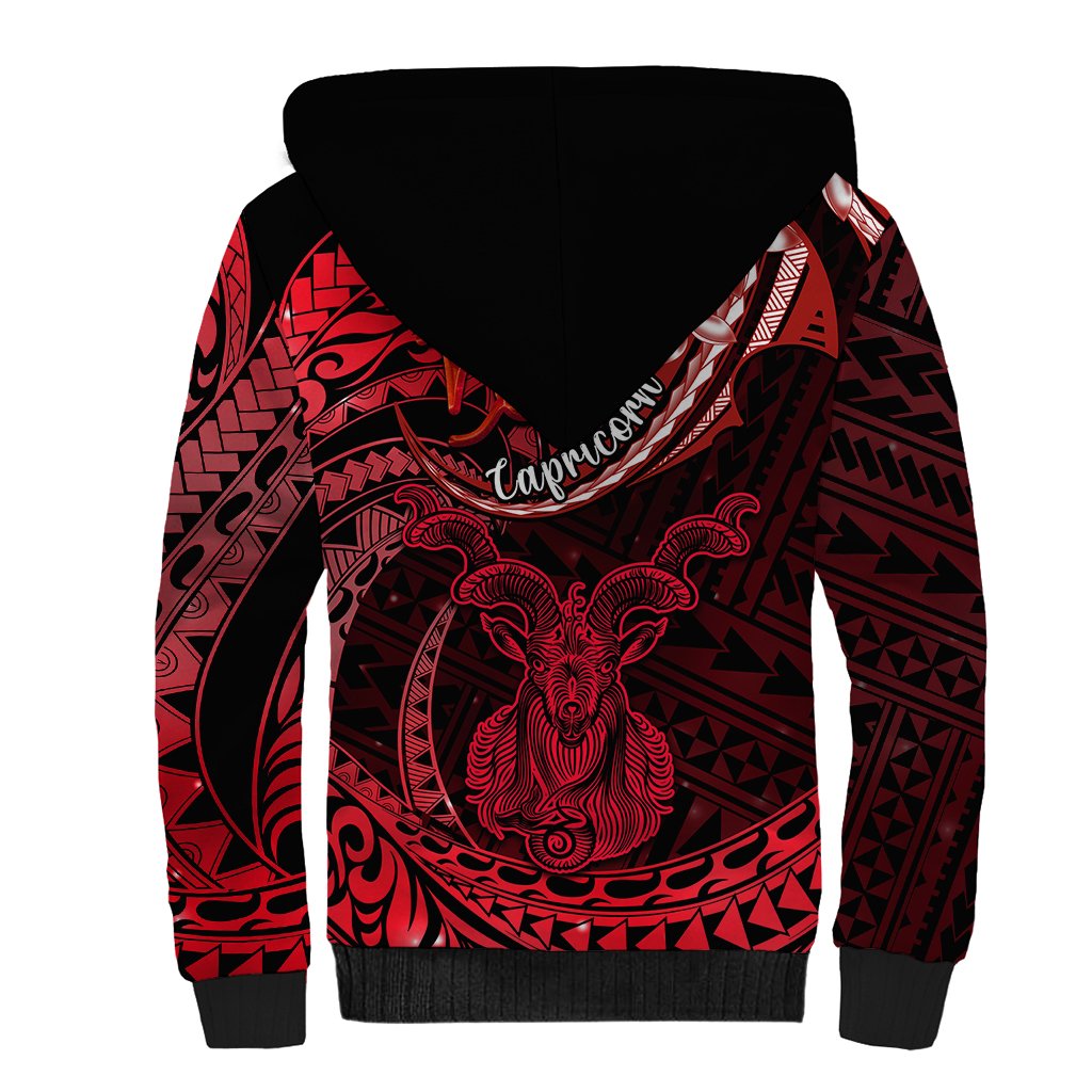 Polynesian Pride Capricorn Zodiac Sherpa Hoodie Astrological Sign Tribal Plumeria Red Galaxy - Wonder Print Shop