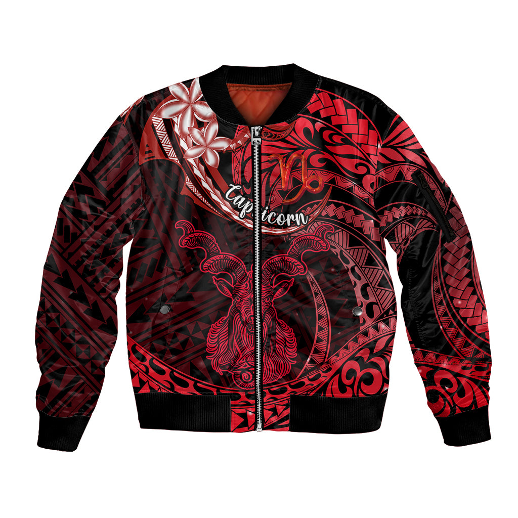 Polynesian Pride Capricorn Zodiac Sleeve Zip Bomber Jacket Astrological Sign Tribal Plumeria Red Galaxy - Wonder Print Shop
